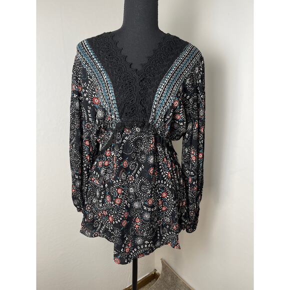 NTW Angie Women's Paisley Lace Hem Boho Floral Elastic Waist Blouse Black L - Picture 1 of 10